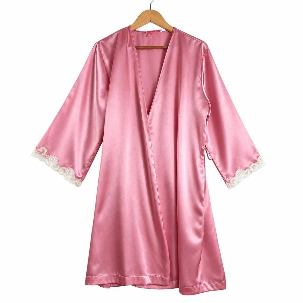 Oscar de la Renta Robe Women M Pink Good Satin Lace Trim Short Wrap Kimono